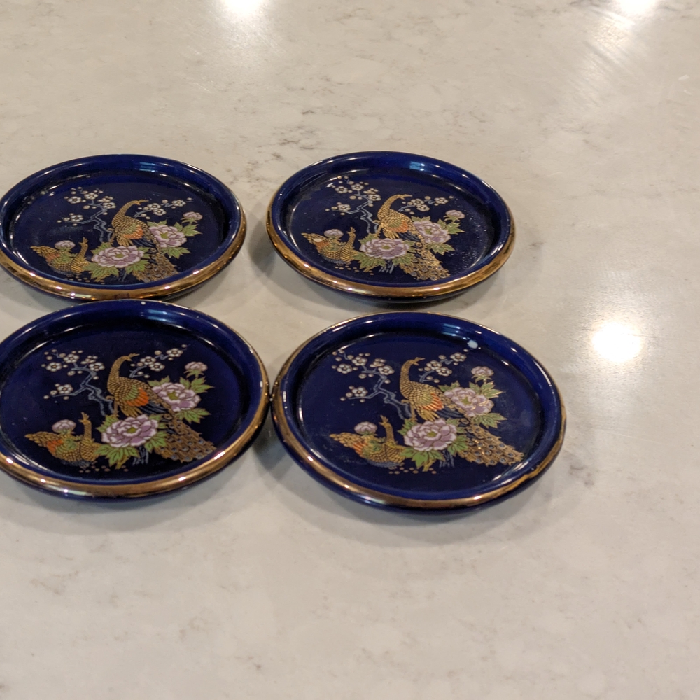 Vintage Interpur Coasters Oriental Pattern Gold And Blue Peacock Set Of 4